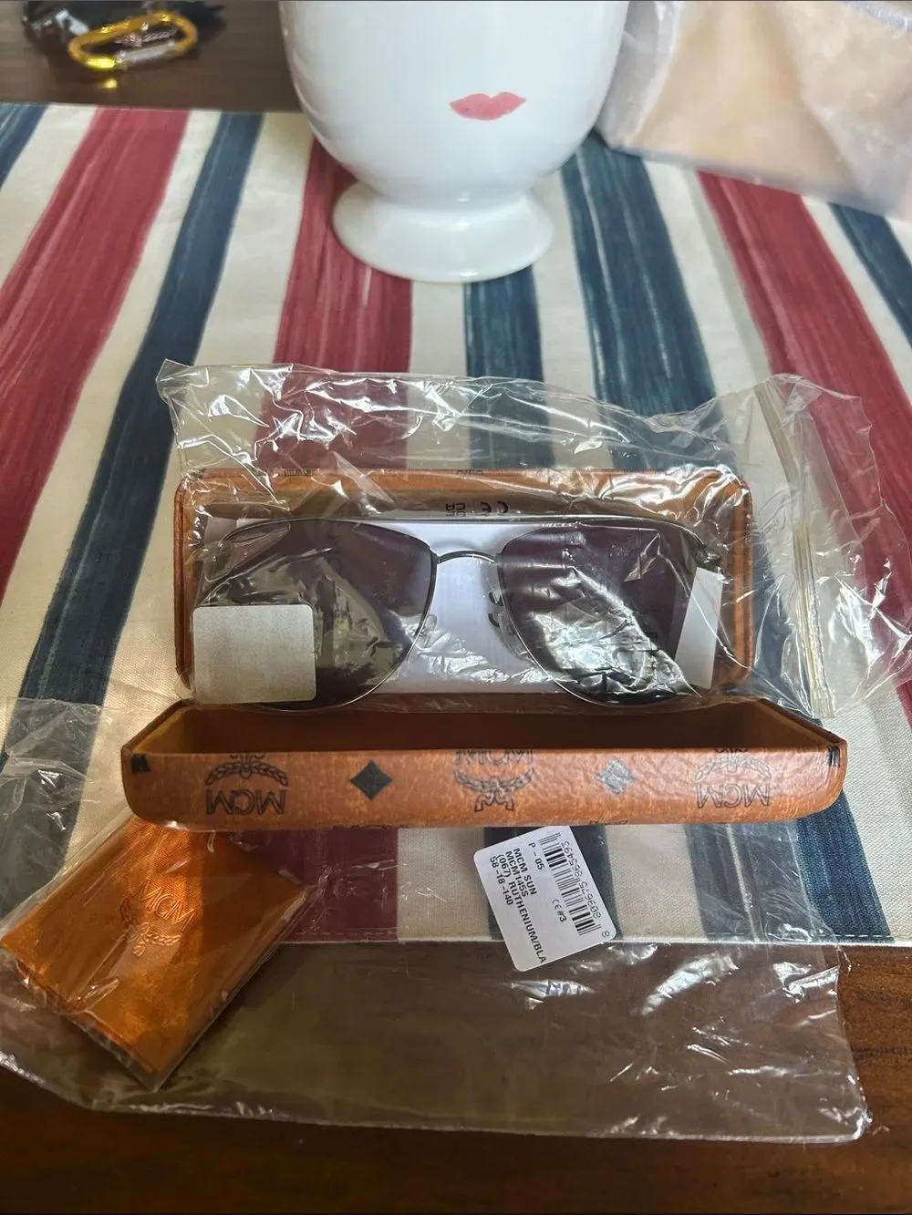 MCM aviator glasses with Cognac Logo Leather Eyewear Case with Gold Plaque new